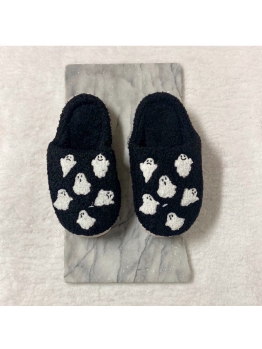 Halloween Ghost Teddy Knit Slippers Size 7-8 Slip On Black White Cute